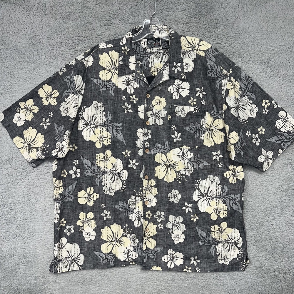 VTG OP Sport Shirt Men's 2XL XXL Gray/Yellow Hawaiian Button Up Short Sleeve